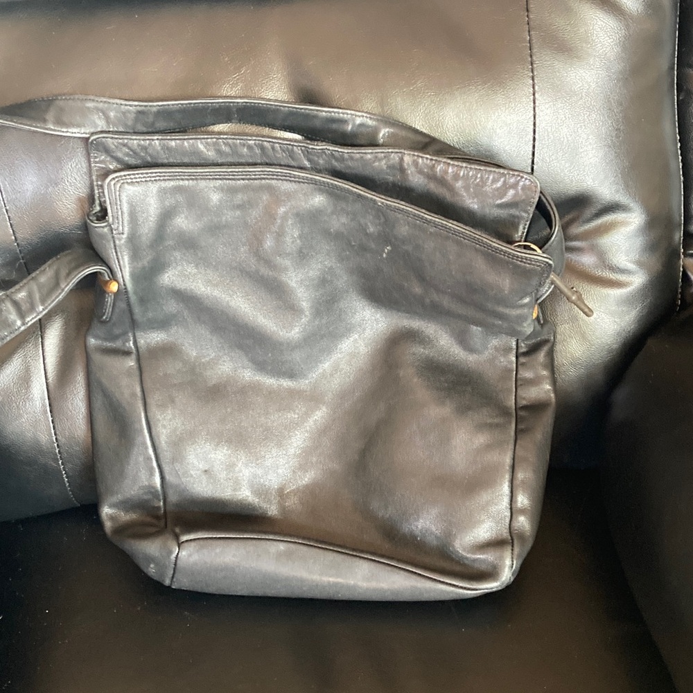 Liz Claiborne Black Leather Messenger Bag with Front Zip Pocket